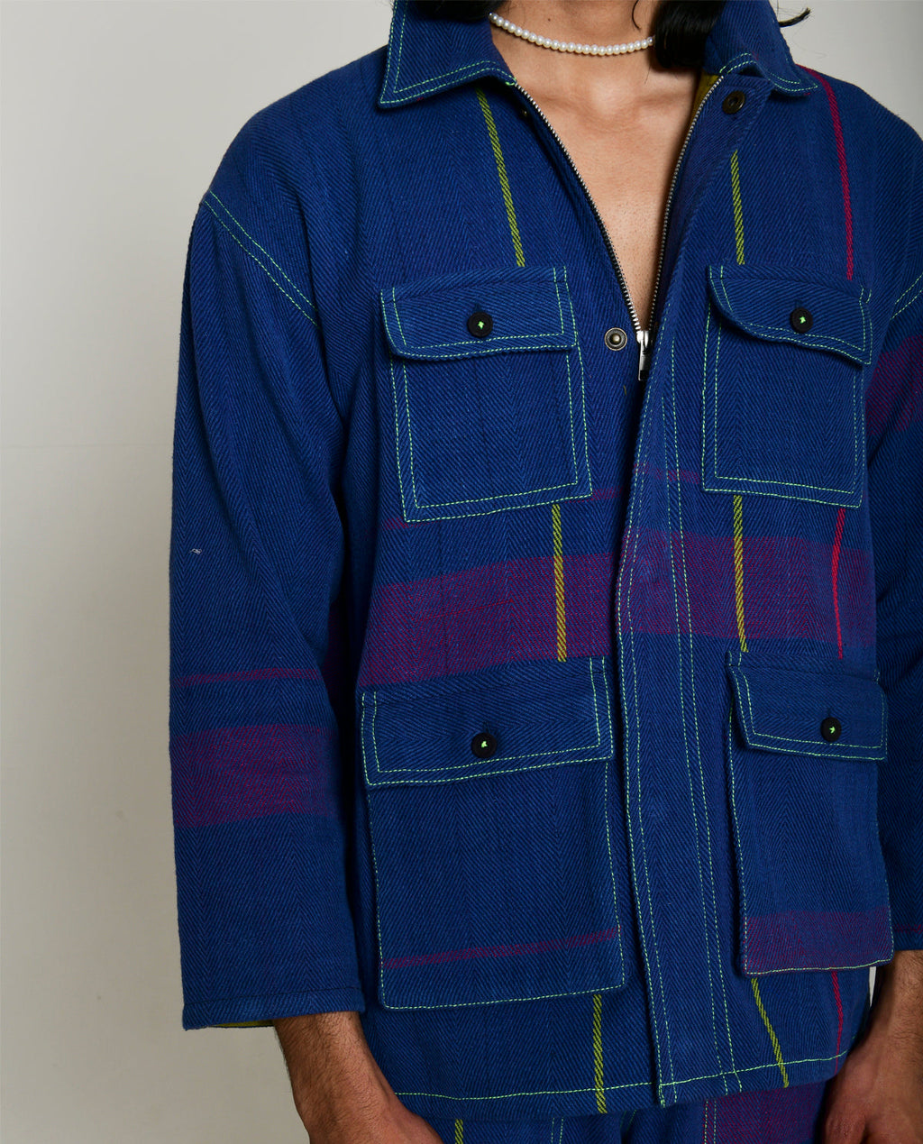 Handwoven Blue Multi Colored Cotton Shirt Jacket at Kamakhyaa by Rias Jaipur. This item is 100% Cotton, Blue, Casual wear, Multicolor, Natural, Overlays, RE 2.O, Relaxed, Stripes, Unisex, Womenswear