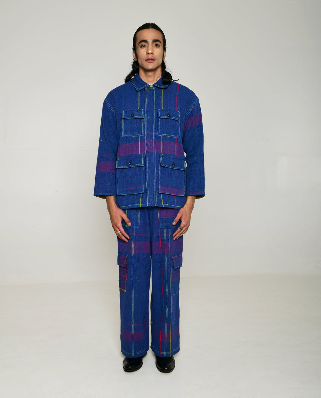 Handwoven Blue Multi Colored Cotton Shirt Jacket at Kamakhyaa by Rias Jaipur. This item is 100% Cotton, Blue, Casual wear, Multicolor, Natural, Overlays, RE 2.O, Relaxed, Stripes, Unisex, Womenswear