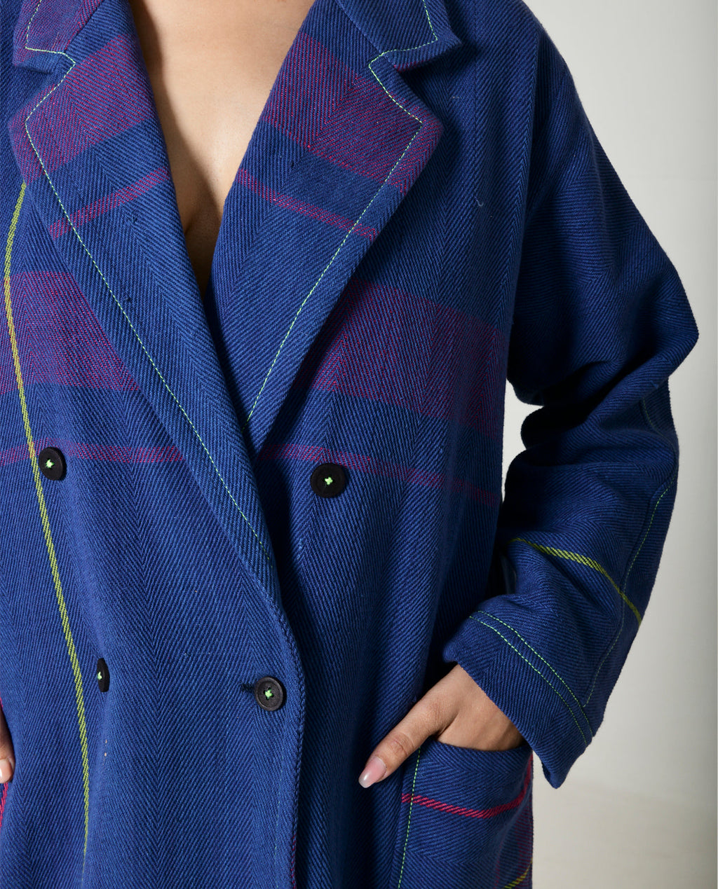 Handwoven Blue Striped Cotton Trench Coat at Kamakhyaa by Rias Jaipur. This item is 100% Cotton, Blue, Casual wear, Multicolor, Natural, Overlays, RE 2.O, Regular, Stripes, Unisex, Womenswear