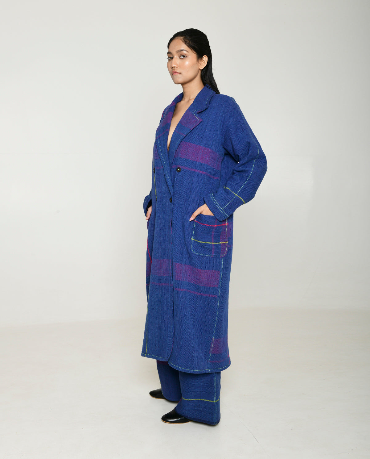 Handwoven Blue Striped Cotton Trench Coat at Kamakhyaa by Rias Jaipur. This item is 100% Cotton, Blue, Casual wear, Multicolor, Natural, Overlays, RE 2.O, Regular, Stripes, Unisex, Womenswear