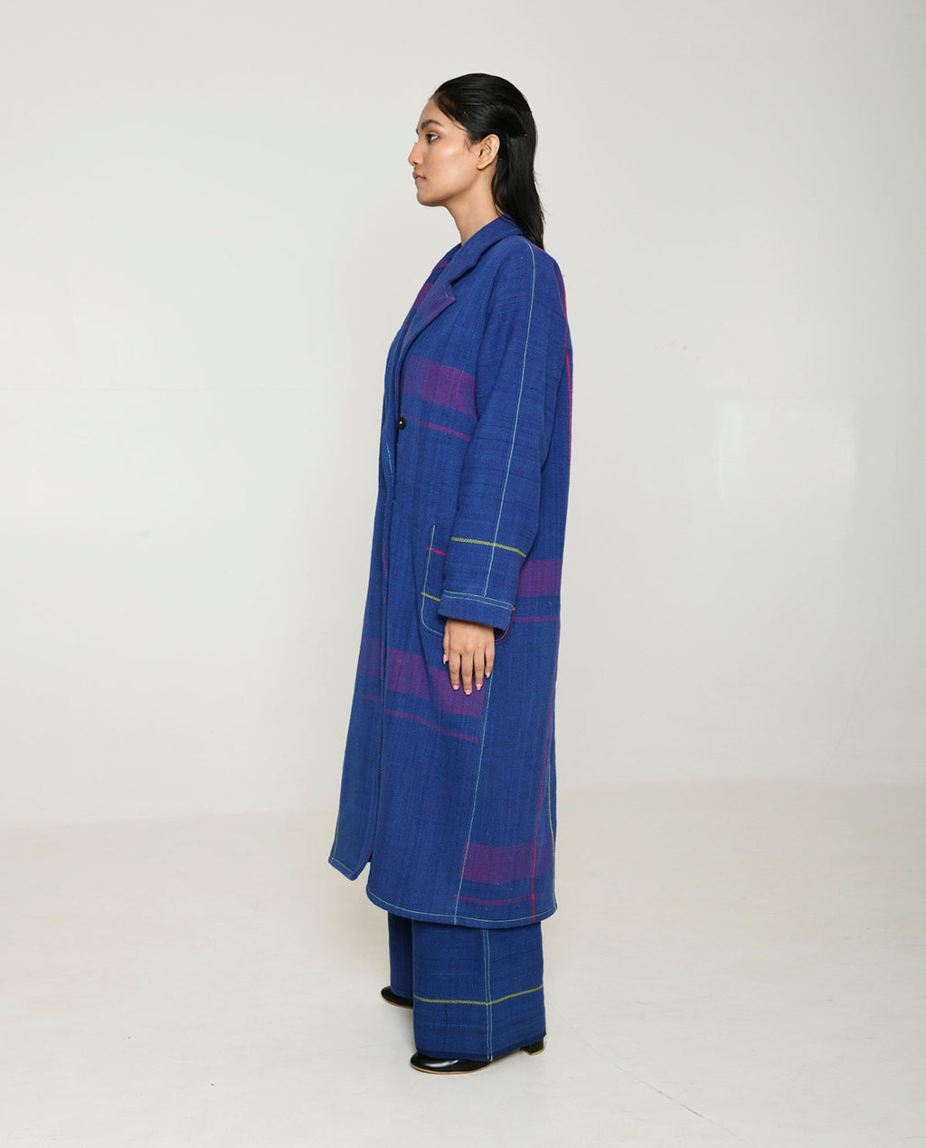 Handwoven Blue Striped Cotton Trench Coat at Kamakhyaa by Rias Jaipur. This item is 100% Cotton, Blue, Casual wear, Multicolor, Natural, Overlays, RE 2.O, Regular, Stripes, Unisex, Womenswear
