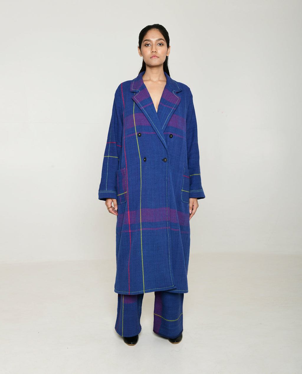 Handwoven Blue Striped Cotton Trench Coat at Kamakhyaa by Rias Jaipur. This item is 100% Cotton, Blue, Casual wear, Multicolor, Natural, Overlays, RE 2.O, Regular, Stripes, Unisex, Womenswear