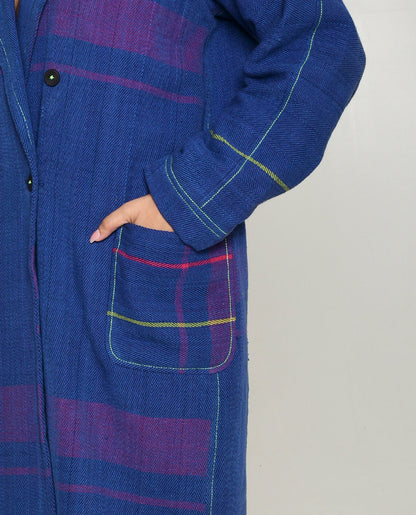 Handwoven Blue Striped Cotton Trench Coat at Kamakhyaa by Rias Jaipur. This item is 100% Cotton, Blue, Casual wear, Multicolor, Natural, Overlays, RE 2.O, Regular, Stripes, Unisex, Womenswear
