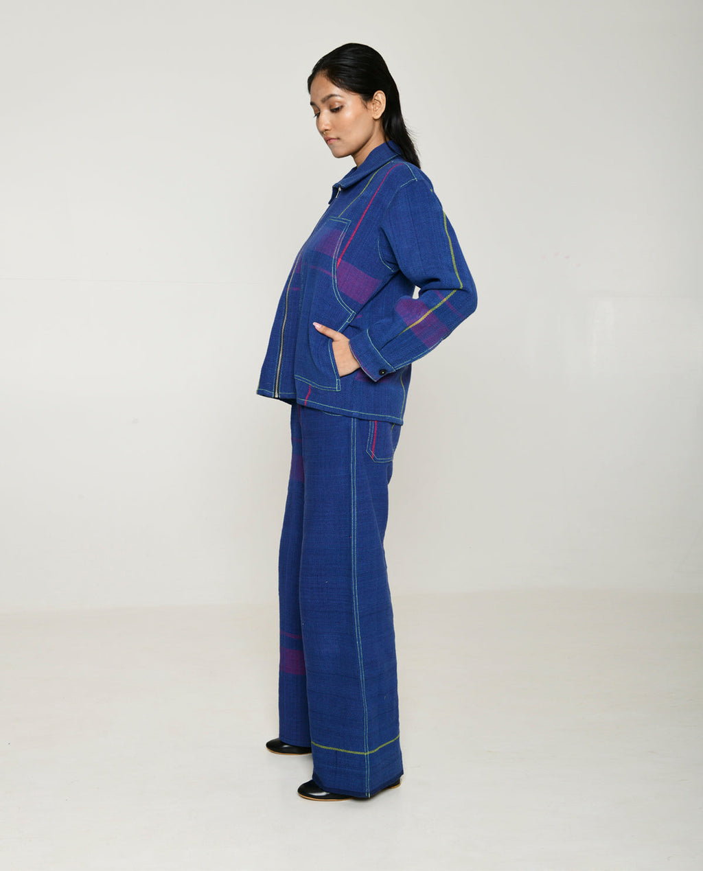 Handwoven Blue striped Cotton Shacket at Kamakhyaa by Rias Jaipur. This item is 100% Cotton, Blue, Casual wear, Multicolor, Natural, RE 2.O, Relaxed, Stripes, Tops, Unisex, Womenswear