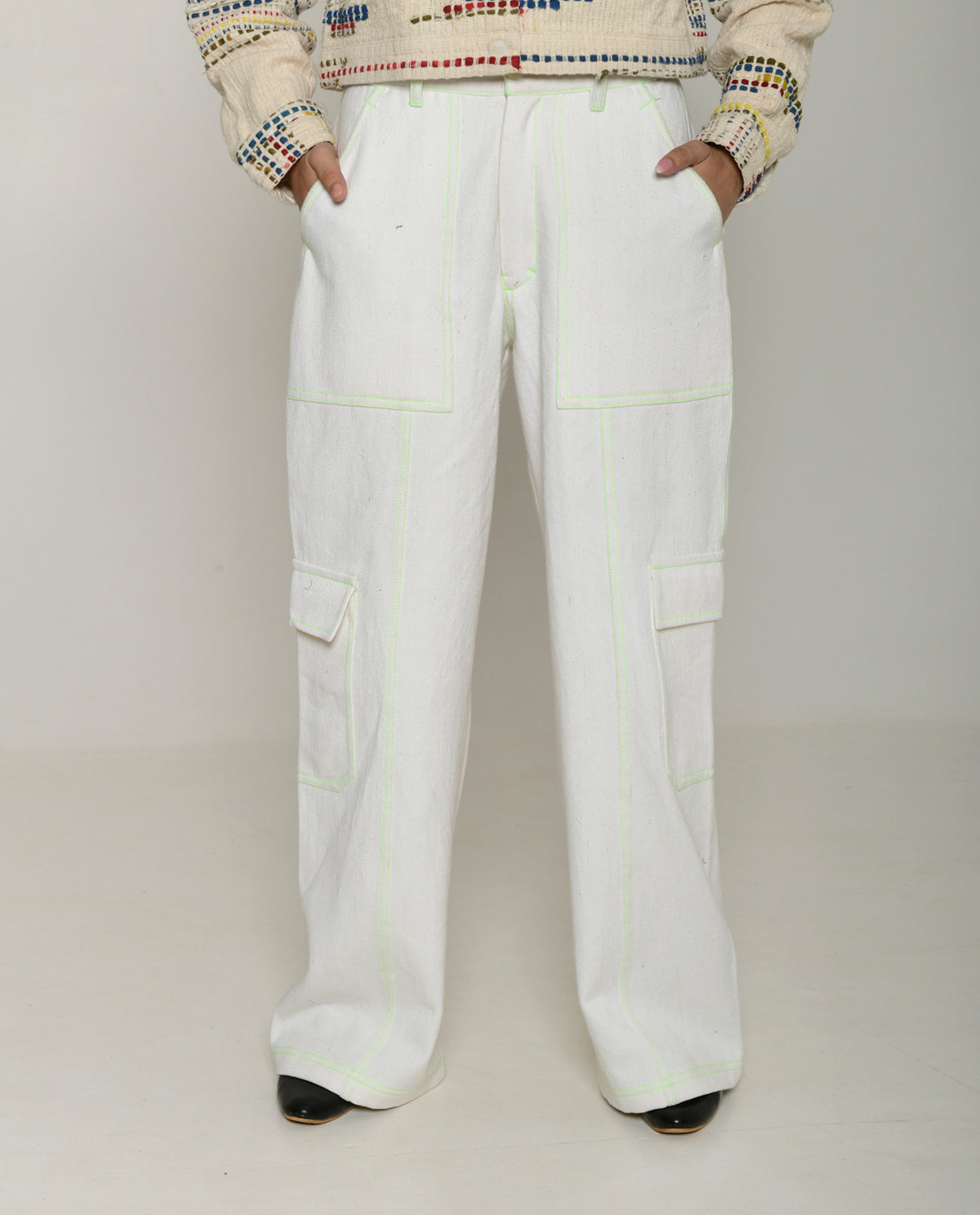 Handwoven White Cargo Pants at Kamakhyaa by Rias Jaipur. This item is 100% Cotton, Casual wear, Natural, Pants, RE 2.O, Regular, solids, Unisex, White, Womenswear