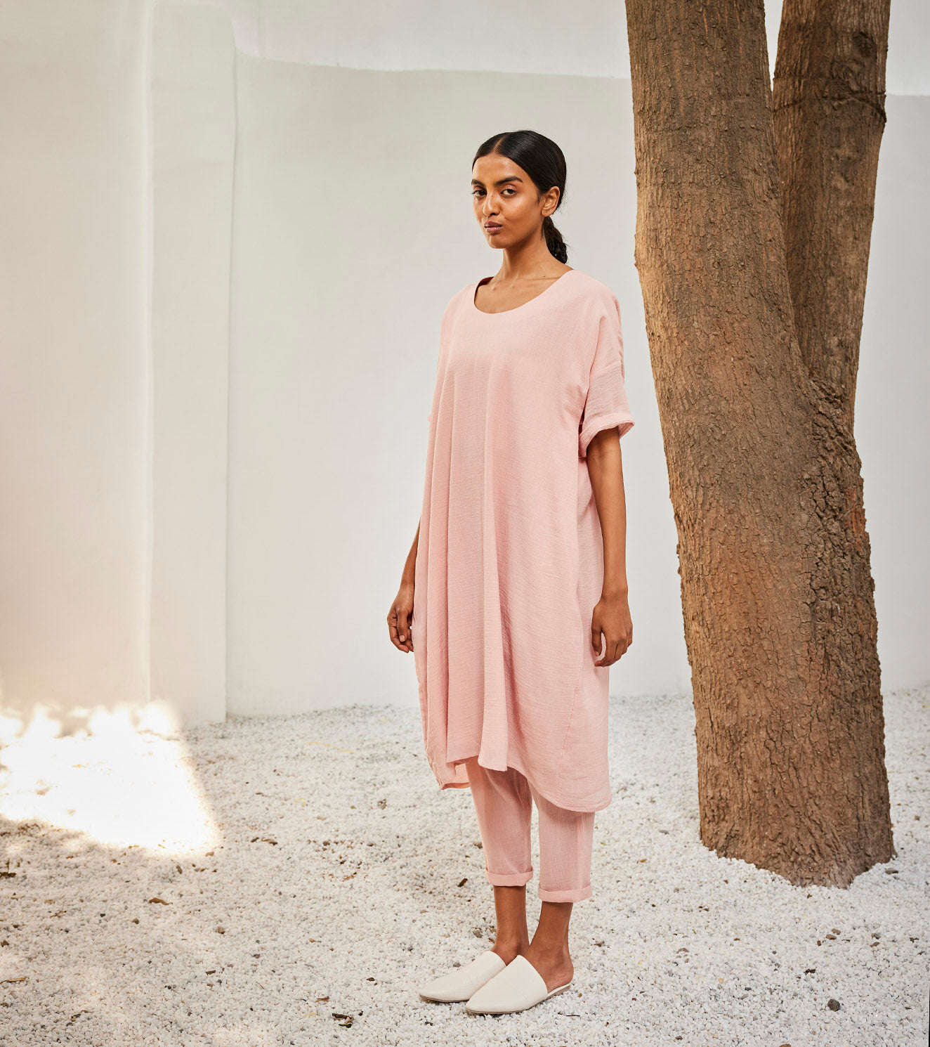 Heart Lock Co-ord Set at Kamakhyaa by Khara Kapas. This item is Casual Wear, Co-ord Sets, Gauge Cotton, Oh! Sussana Spring 2023, Organic, Pink, Regular Fit, Solids, Travel, Travel Co-ords, Womenswear