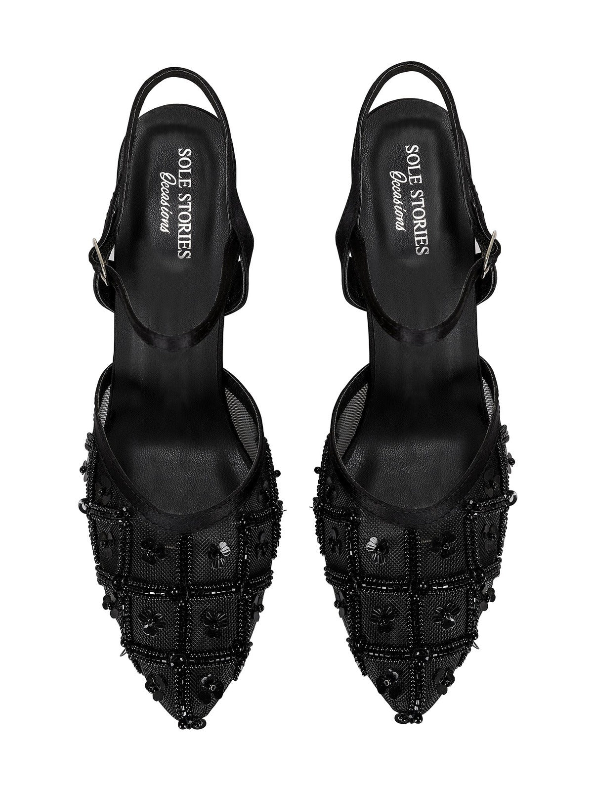 Heels-Noir Vintage Ankle Loop, Black, Casual Wear, Embellished, Faux Leather, Festive Wear, Heels, Natural, Pointed Toes, Upcycled, Vegan Kamakhyaa