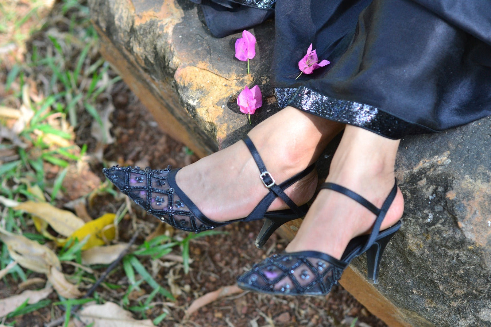 Heels-Noir Vintage Ankle Loop, Black, Casual Wear, Embellished, Faux Leather, Festive Wear, Heels, Natural, Pointed Toes, Upcycled, Vegan Kamakhyaa