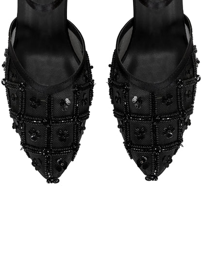 Heels-Noir Vintage Ankle Loop, Black, Casual Wear, Embellished, Faux Leather, Festive Wear, Heels, Natural, Pointed Toes, Upcycled, Vegan Kamakhyaa