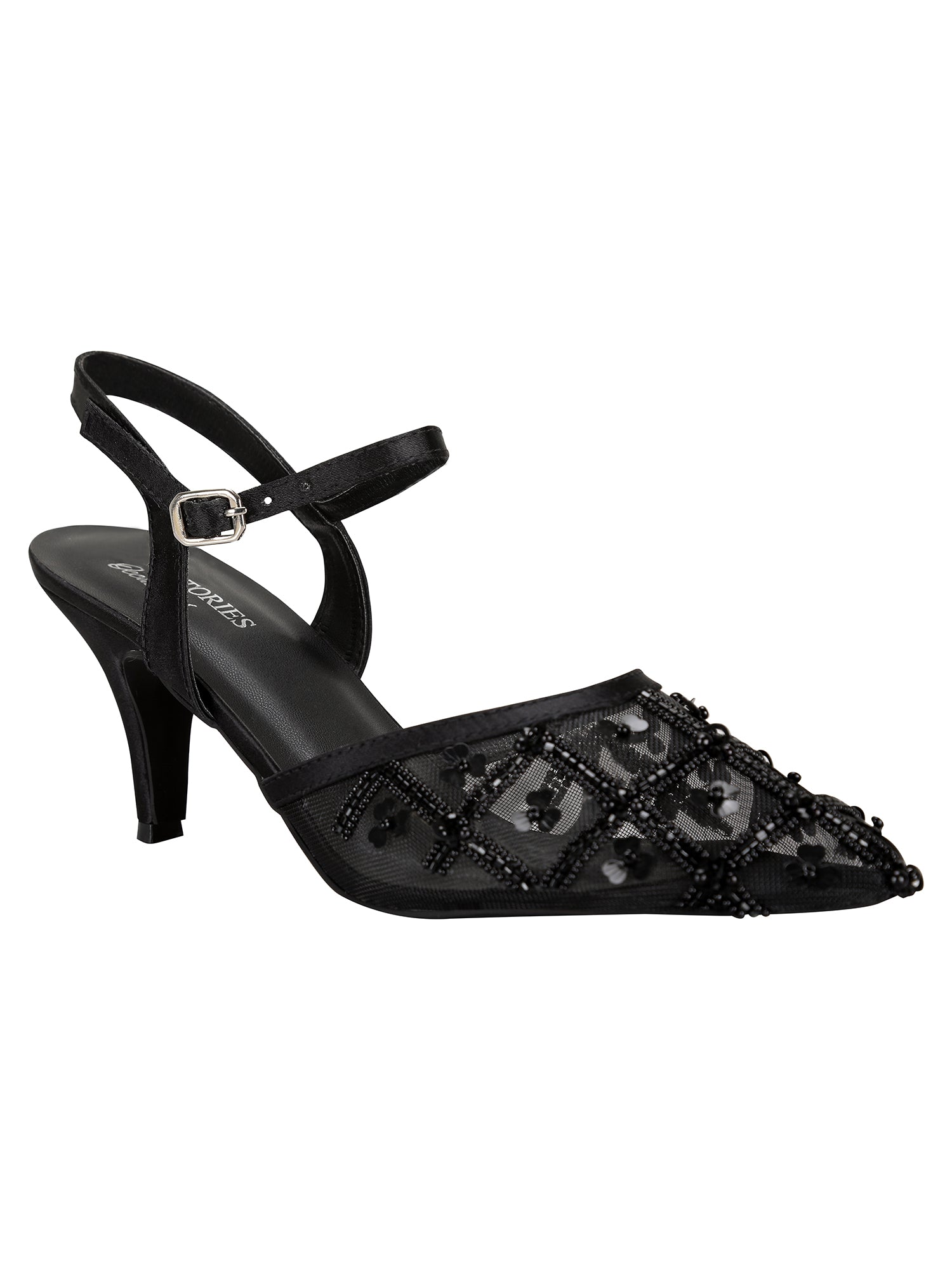 Heels-Noir Vintage Ankle Loop, Black, Casual Wear, Embellished, Faux Leather, Festive Wear, Heels, Natural, Pointed Toes, Upcycled, Vegan Kamakhyaa