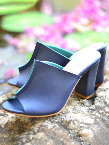 Heels-Two Toned Mules Blue Blue, Casual Wear, Faux Leather, Festive Wear, Mules, Natural, Open Toes, Slip Ons, Solids, Upcycled, Vegan Kamakhyaa