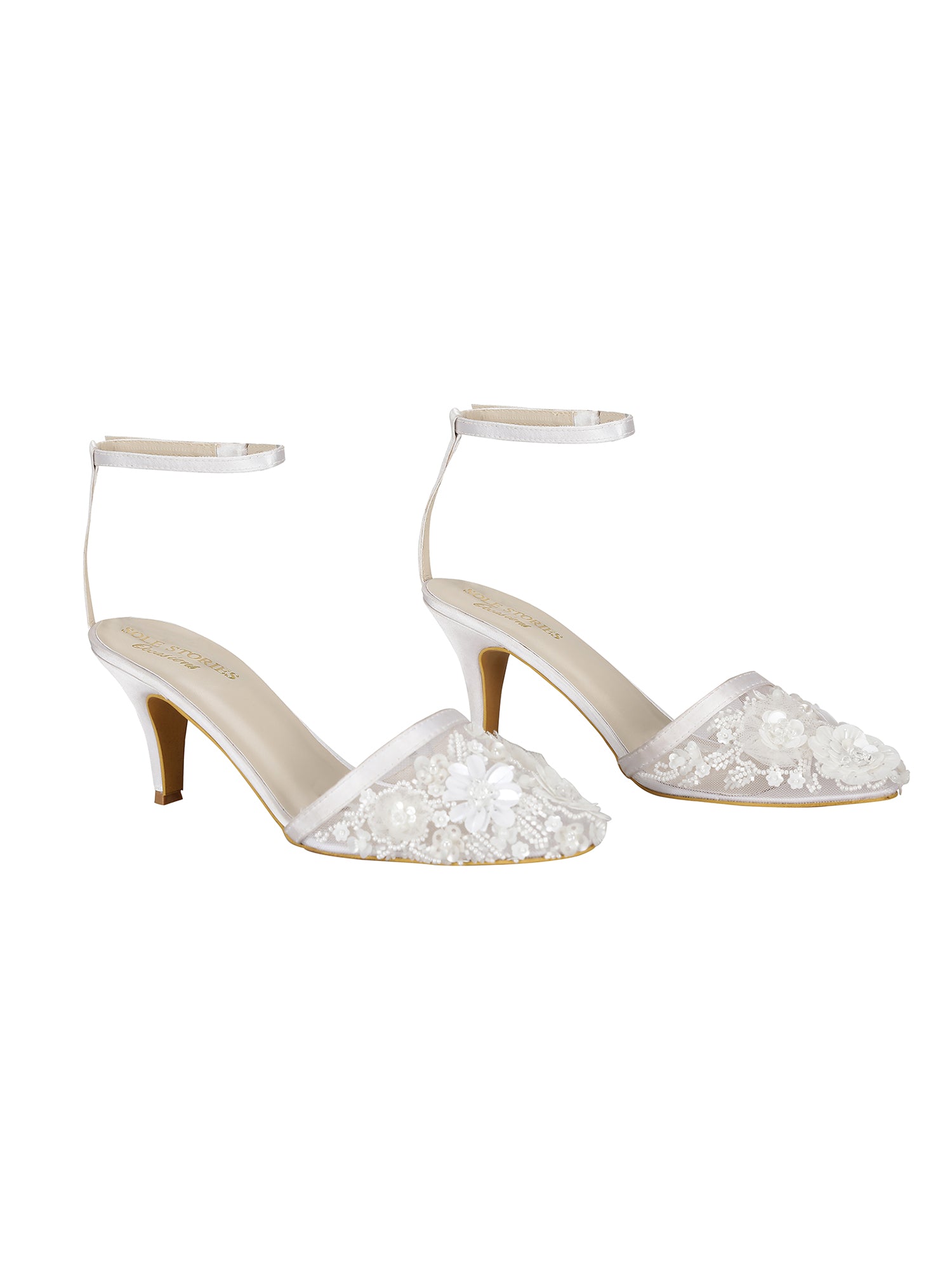 Heels-White Ankle Loop, Closed Toes, Embellished, Faux leather, Festive Wear, Heels, Natural, Recycled, White Kamakhyaa