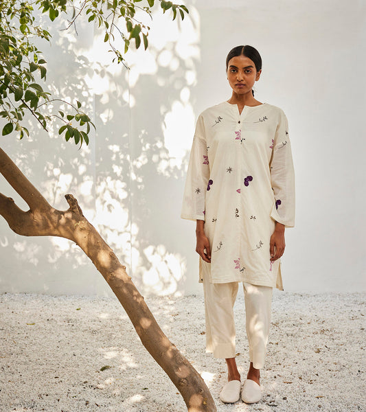 Her fate co-ord set at Kamakhyaa by Khara Kapas. This item is Casual Wear, Co-ord Sets, Mul Cotton, Off-White, Oh! Sussana Spring 2023, Organic, Regular Fit, Solids, Travel, Travel Co-ords, Womenswear