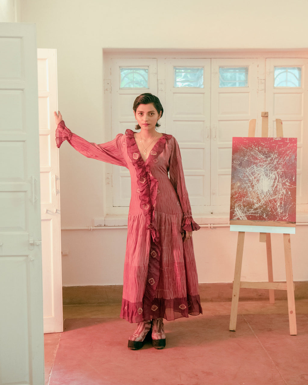 Hibiscus Love at Kamakhyaa by The Loom Art. This item is Casual Wear, Embroidered, Handwoven Cotton Silk, July Sale, July Sale 2023, Lucid Dreams, Luicid Dream, Office, Office Wear, Organic, Red, Regular Fit, Shirt Dresses, Womenswear