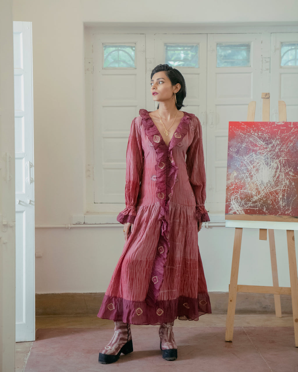 Hibiscus Love at Kamakhyaa by The Loom Art. This item is Casual Wear, Embroidered, Handwoven Cotton Silk, July Sale, July Sale 2023, Lucid Dreams, Luicid Dream, Office, Office Wear, Organic, Red, Regular Fit, Shirt Dresses, Womenswear
