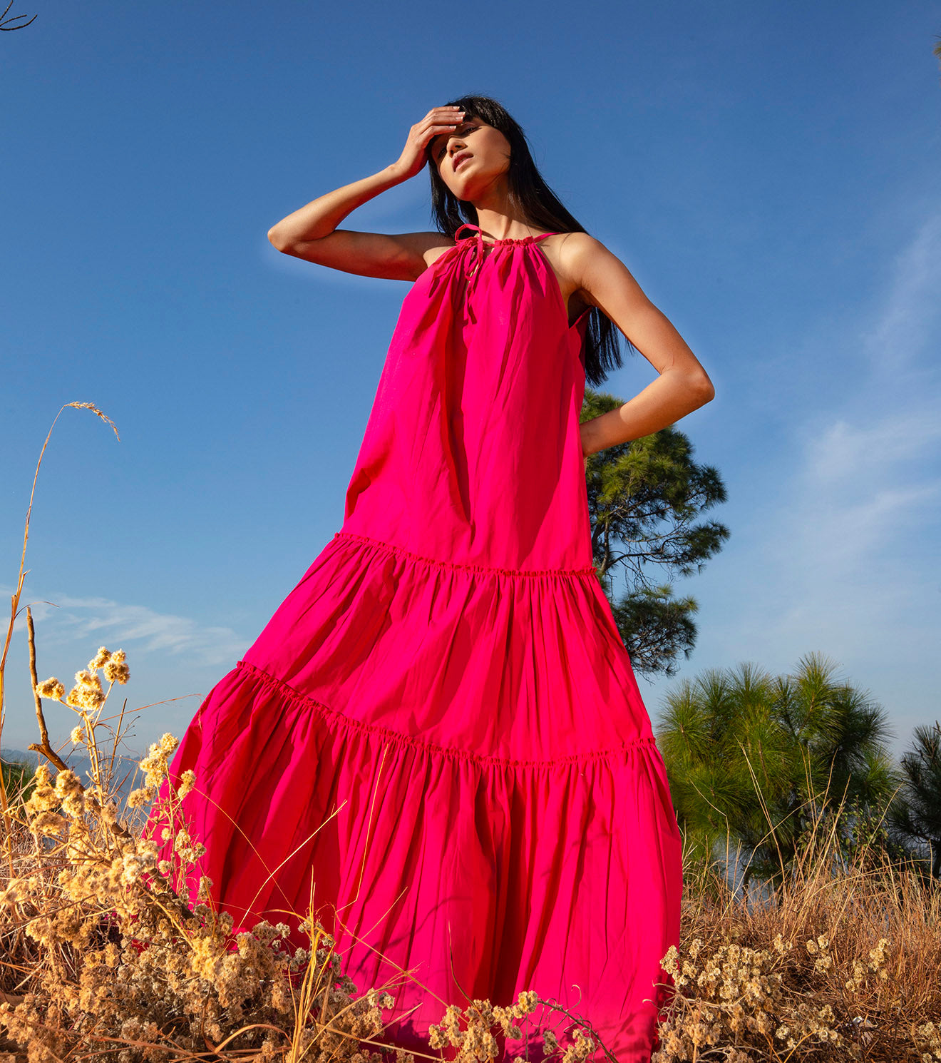 Hot Pink Maxi Dress at Kamakhyaa by Khara Kapas. This item is Maxi Dresses, Natural, Pink, Poplin, Regular Fit, Sleeveless Dresses, Solids, Tiered Dresses, Wilderness, Womenswear