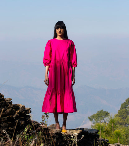 Hot Pink Midi Dress at Kamakhyaa by Khara Kapas. This item is FB ADS JUNE, Midi Dresses, Natural, Pink, Poplin, Regular Fit, Solids, Tiered Dresses, Wilderness, Womenswear