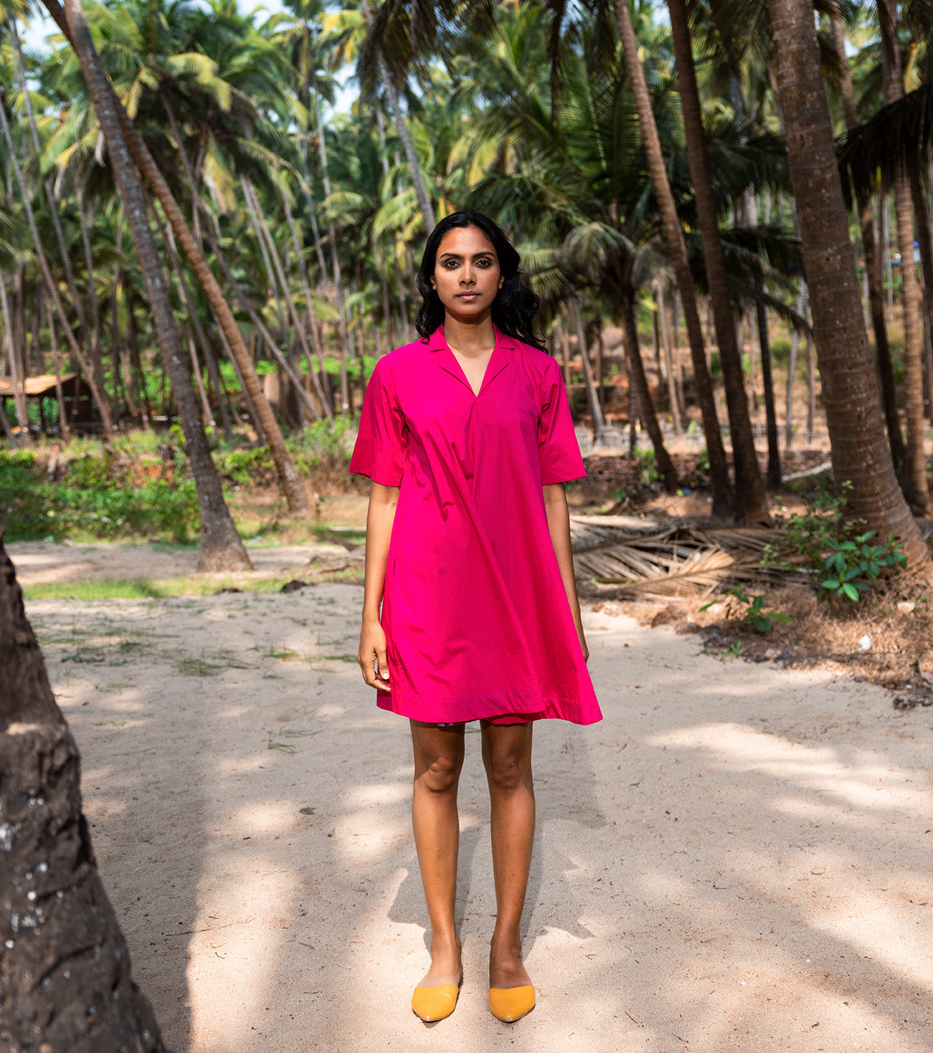 Hot Pink Mini Dress at Kamakhyaa by Khara Kapas. This item is Cotton, Mini Dresses, Natural, Oh Carol, Pink, Regular Fit, Resort Wear, Shirt Dresses, Solid Selfmade, Solids, Womenswear