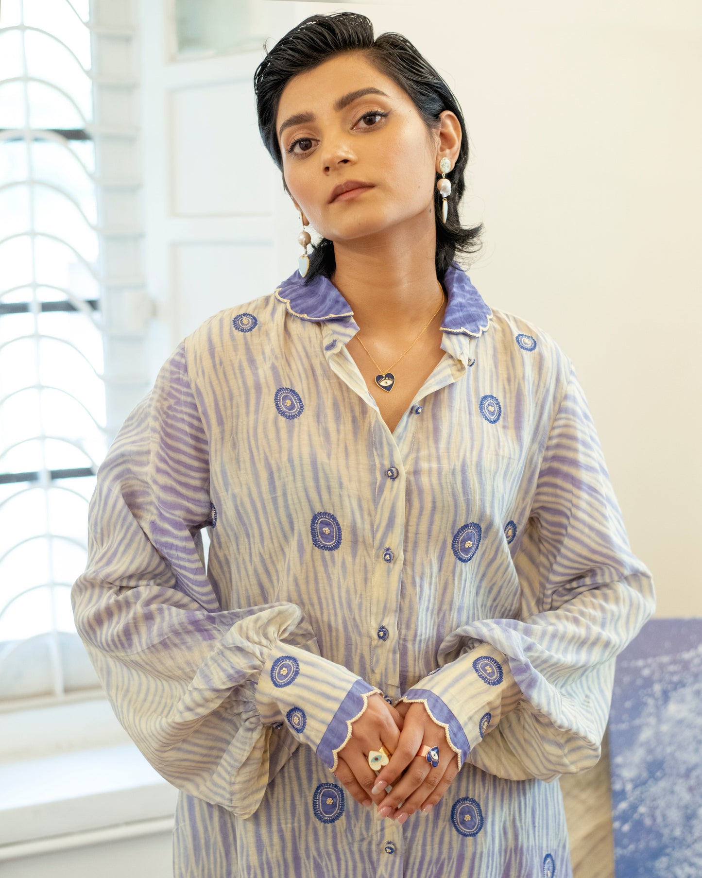 Ice Blink Shirt at Kamakhyaa by The Loom Art. This item is Casual Wear, Embroidered, Handwoven Cotton Silk, July Sale, July Sale 2023, Lucid Dreams, Luicid Dream, Organic, Purple, Relaxed Fit, Shirts, Womenswear