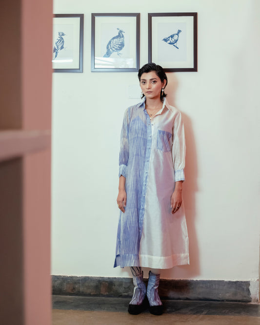 Icy Bliss at Kamakhyaa by The Loom Art. This item is Blue, Casual Wear, Handwoven Chanderi Silk, July Sale, July Sale 2023, Lucid Dreams, Luicid Dream, Organic, Relaxed Fit, Shirt Dresses, Solids, Womenswear