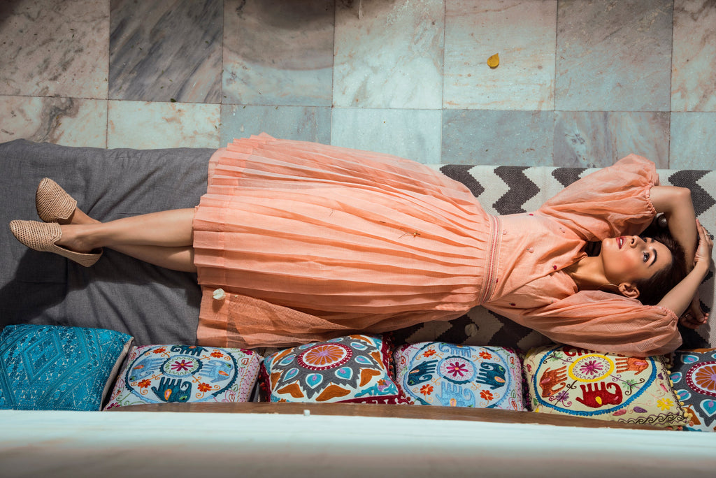 Indie Tribe Blush Midi Dress at Kamakhyaa by The Loom Art. This item is Handloomed Kota Doria Silk, July Sale, July Sale 2023, Maxi Dresses, Natural, Ombre & Dyes, Party Wear, Pink, Presentation, Regular Fit, Womenswear