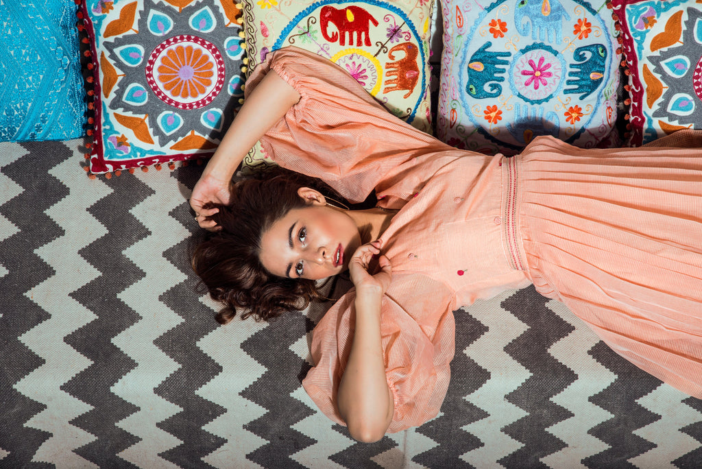 Indie Tribe Blush Midi Dress at Kamakhyaa by The Loom Art. This item is Handloomed Kota Doria Silk, July Sale, July Sale 2023, Maxi Dresses, Natural, Ombre & Dyes, Party Wear, Pink, Presentation, Regular Fit, Womenswear