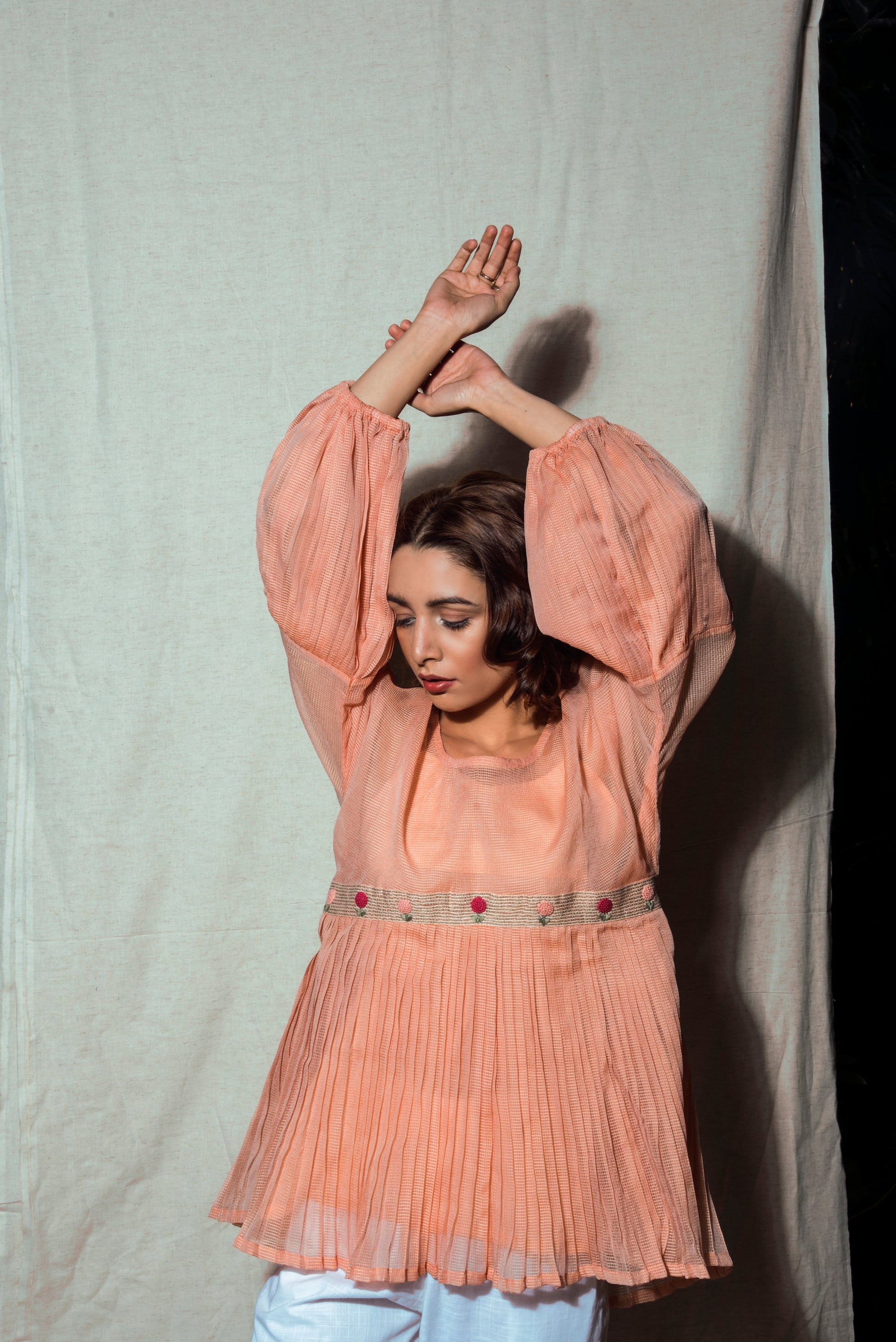 Indie Tribe Flamingo at Kamakhyaa by The Loom Art. This item is July Sale, July Sale 2023, Kota Doria, Natural, Orange, Party Wear, Presentation, Regular Fit, Solids, Tops, Tunic Tops, Womenswear