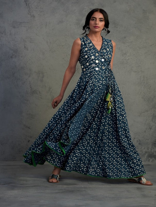 Indigo Block Printed Angrakha Wrap Dress at Kamakhyaa by Charkhee. This item is Angrakha, Blue, Cotton, Embellished, Ethnic Wear, Maxi dresses, Mirror Work, Natural, Relaxed Fit, Tyohaar, Womenswear, Wrap Dresses