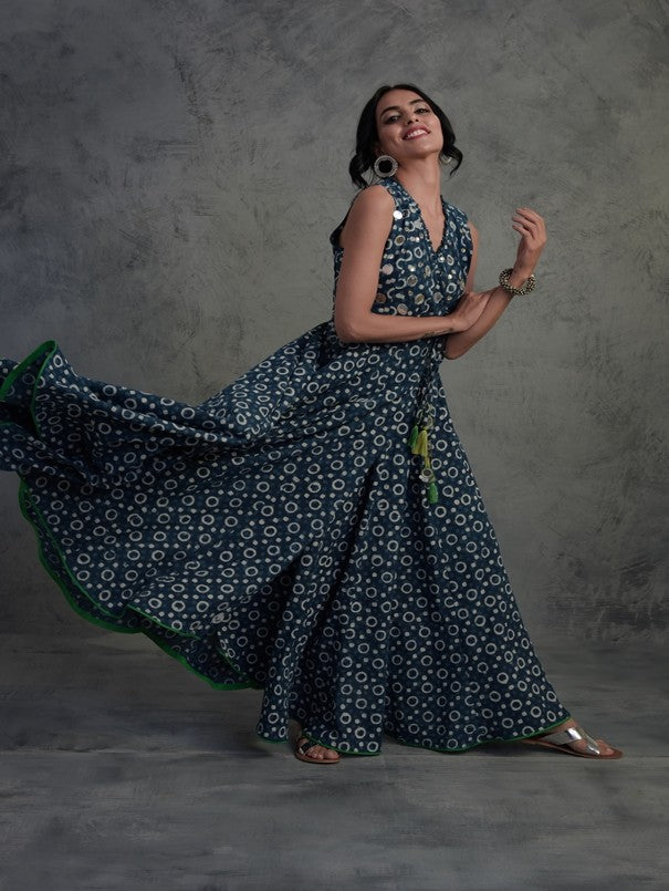Indigo Block Printed Angrakha Wrap Dress at Kamakhyaa by Charkhee. This item is Angrakha, Blue, Cotton, Embellished, Ethnic Wear, Maxi dresses, Mirror Work, Natural, Relaxed Fit, Tyohaar, Womenswear, Wrap Dresses