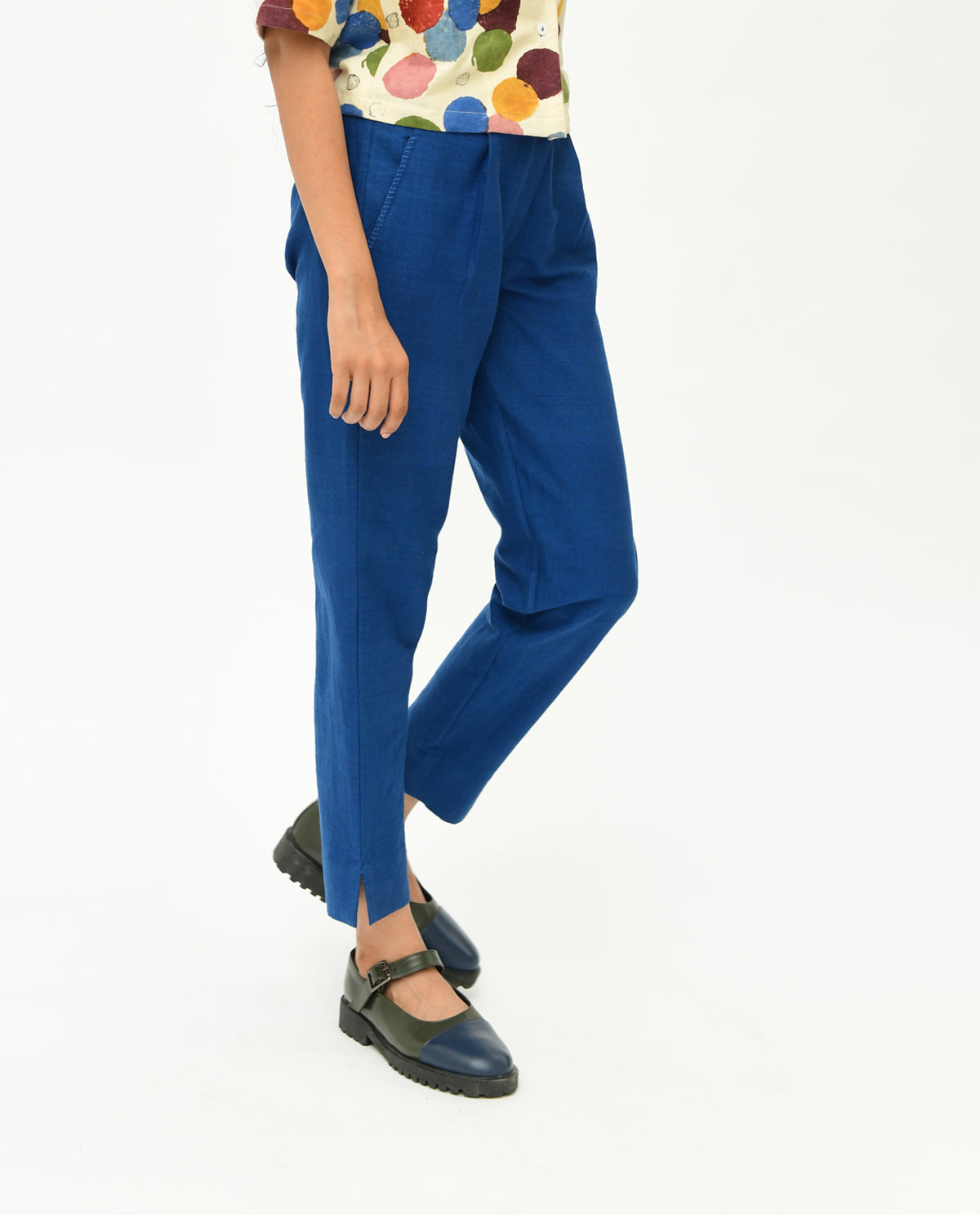 Indigo Blue Solid Pants at Kamakhyaa by Rias Jaipur. This item is 100% Organic Cotton, Blue, Casual Wear, Handspun, Handwoven, Pants, Relaxed Fit, Solids, Void, Womenswear