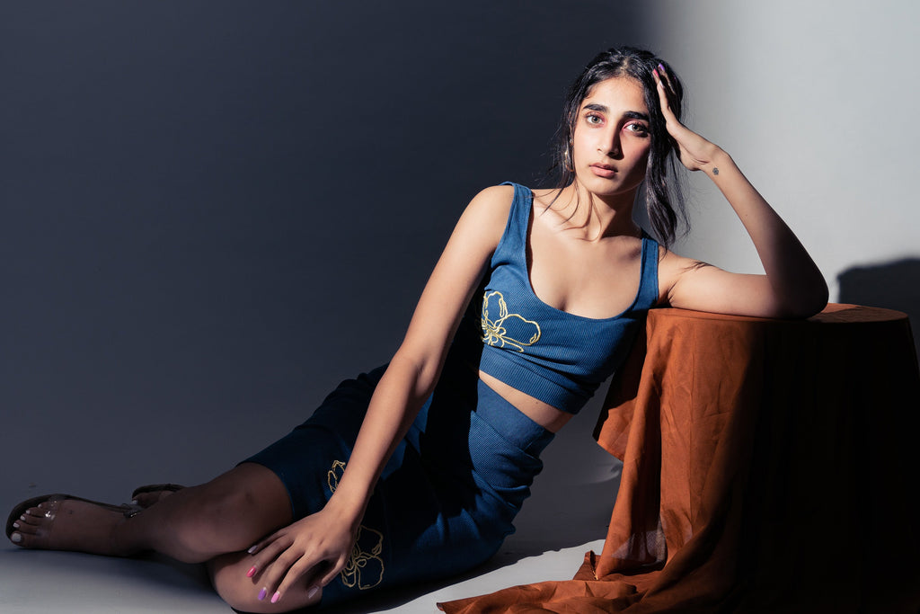 Indigo Co-ord 2-Piece Set at Kamakhyaa by Meko Studio. This item is Blue, Co-Ord Sets, Deadstock Fabrics, Embroidered, Evening Wear, July Sale, July Sale 2023, Reroot AW-21/22, Skirt Sets, Slim Fit, Vacation, Vacation Co-ords, Womenswear