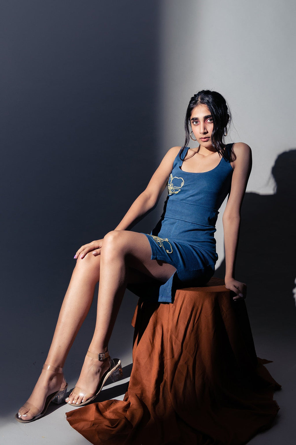 Indigo Co-ord 2-Piece Set at Kamakhyaa by Meko Studio. This item is Blue, Co-Ord Sets, Deadstock Fabrics, Embroidered, Evening Wear, July Sale, July Sale 2023, Reroot AW-21/22, Skirt Sets, Slim Fit, Vacation, Vacation Co-ords, Womenswear