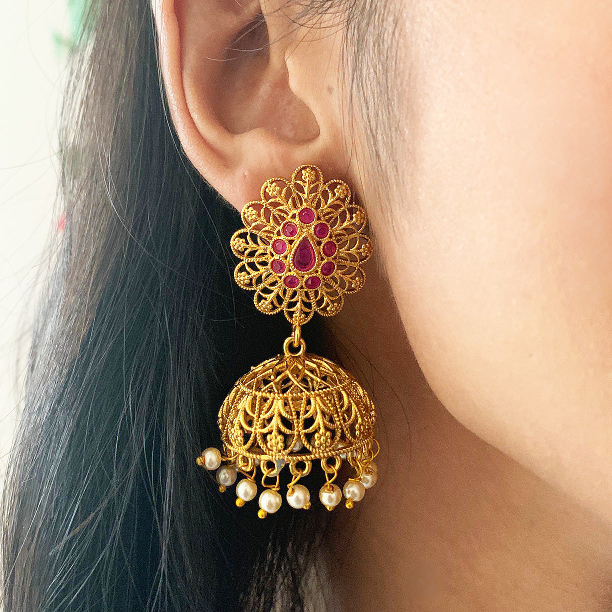 Intricate Maze light-weight Jhumkas Brass, Earrings, Festive Wear, Free Size, Gold, Gold Plated, Re-polishable, Solids Kamakhyaa