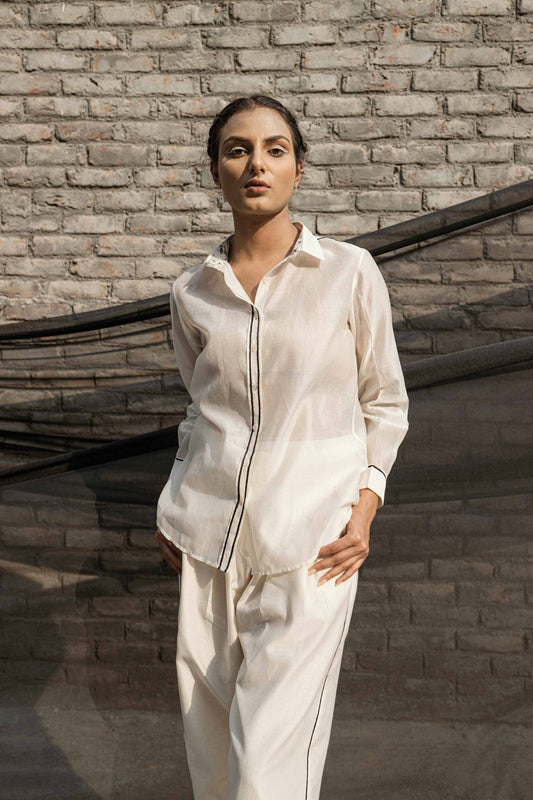 Ivory Chanderi Classic Shirt at Kamakhyaa by Ahmev. This item is Casual Wear, Chanderi, Ink And Ivory, Natural, Prints, Relaxed Fit, Shirts, White, Womenswear