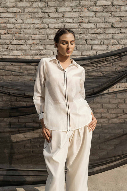 Ivory Chanderi Classic Shirt at Kamakhyaa by Ahmev. This item is Casual Wear, Chanderi, Ink And Ivory, Natural, Prints, Relaxed Fit, Shirts, White, Womenswear