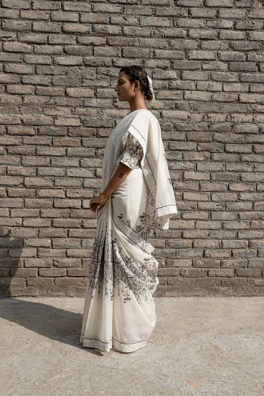 Ivory Chanderi Saree at Kamakhyaa by Ahmev. This item is Best Selling, Casual Wear, Chanderi, For Mother, Free Size, Indian Wear, Ink And Ivory, Natural, Prints, Sarees, White, Womenswear