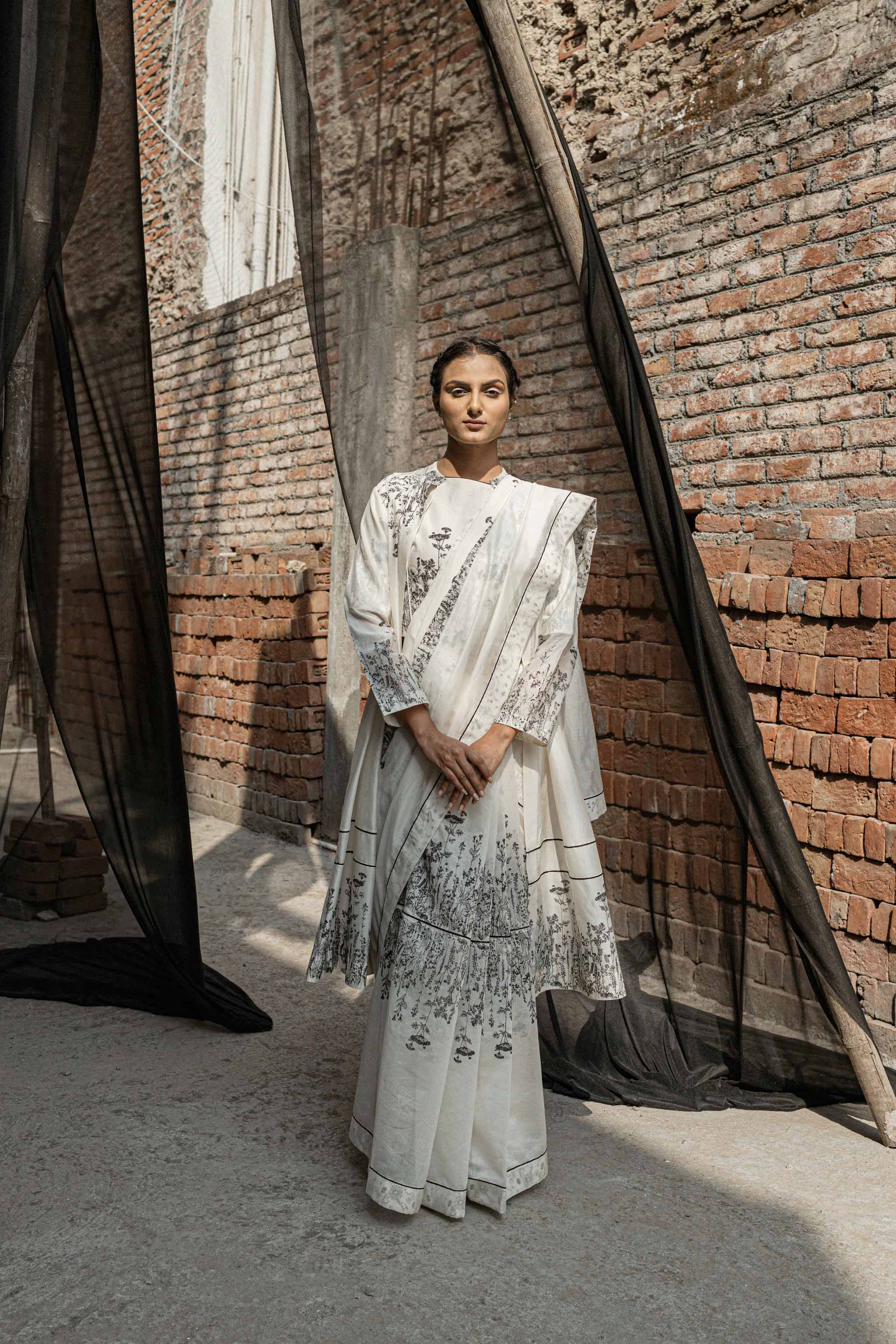 Ivory Chanderi Saree at Kamakhyaa by Ahmev. This item is Best Selling, Casual Wear, Chanderi, For Mother, Free Size, Indian Wear, Ink And Ivory, Natural, Prints, Sarees, White, Womenswear