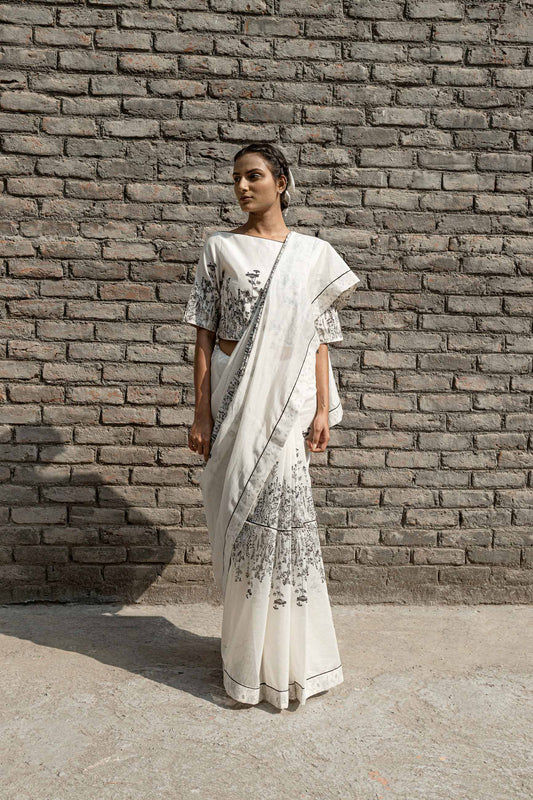 Ivory Chanderi Saree at Kamakhyaa by Ahmev. This item is Best Selling, Casual Wear, Chanderi, For Mother, Free Size, Indian Wear, Ink And Ivory, Natural, Prints, Sarees, White, Womenswear