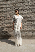 Ivory Chanderi Saree at Kamakhyaa by Ahmev. This item is Best Selling, Casual Wear, Chanderi, For Mother, Free Size, Indian Wear, Ink And Ivory, Natural, Prints, Sarees, White, Womenswear