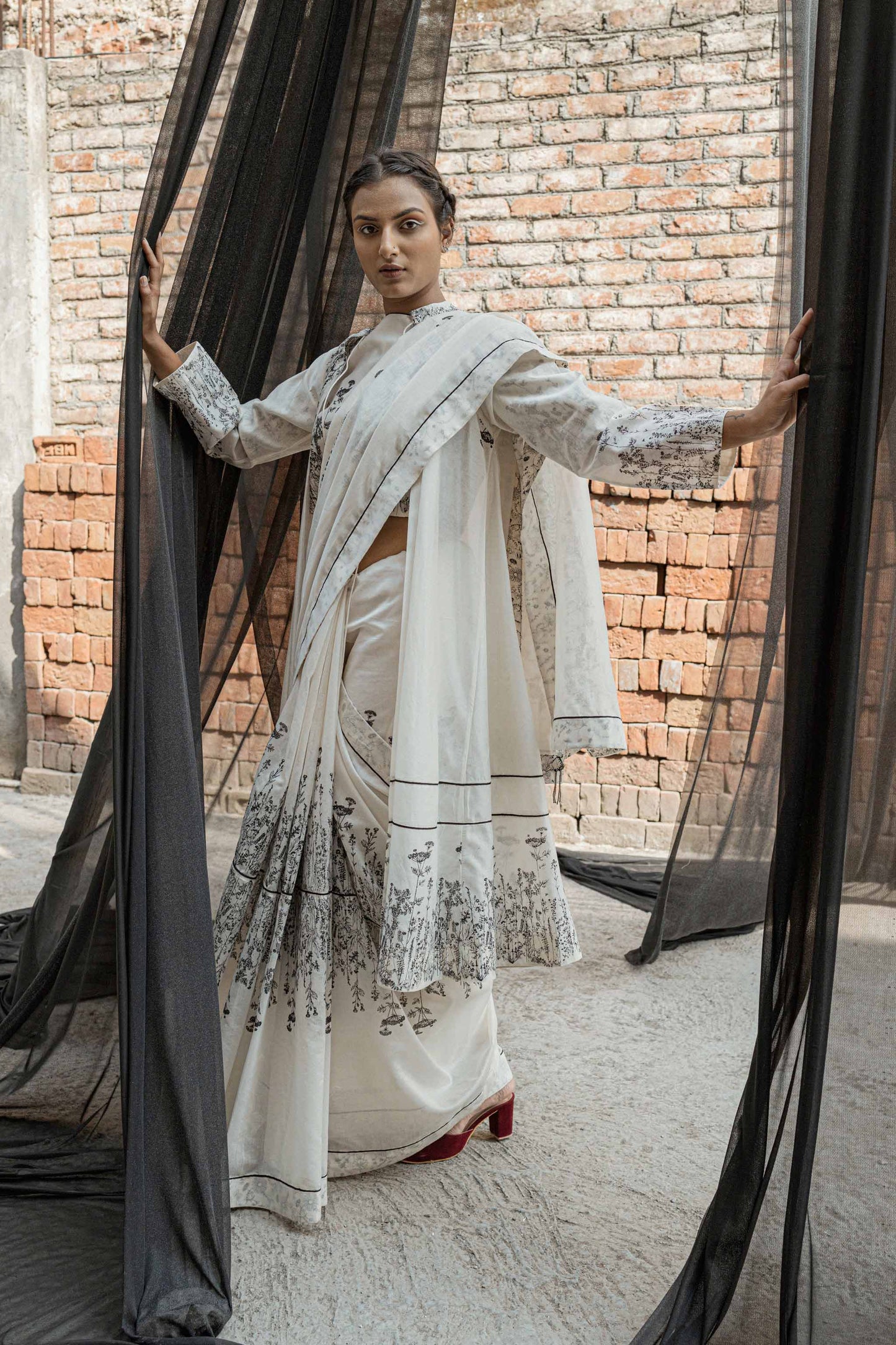 Ivory Chanderi Saree at Kamakhyaa by Ahmev. This item is Best Selling, Casual Wear, Chanderi, For Mother, Free Size, Indian Wear, Ink And Ivory, Natural, Prints, Sarees, White, Womenswear