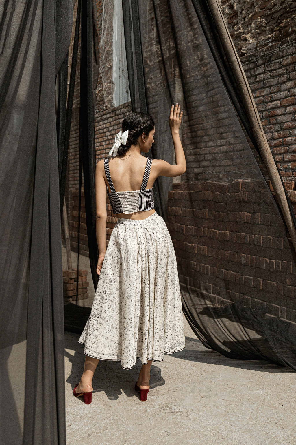 Ivory Chanderi Skirt at Kamakhyaa by Ahmev. This item is Best Selling, Casual Wear, Chanderi, Ink And Ivory, Midi Skirts, Natural, Prints, Relaxed Fit, Skirts, White, Womenswear