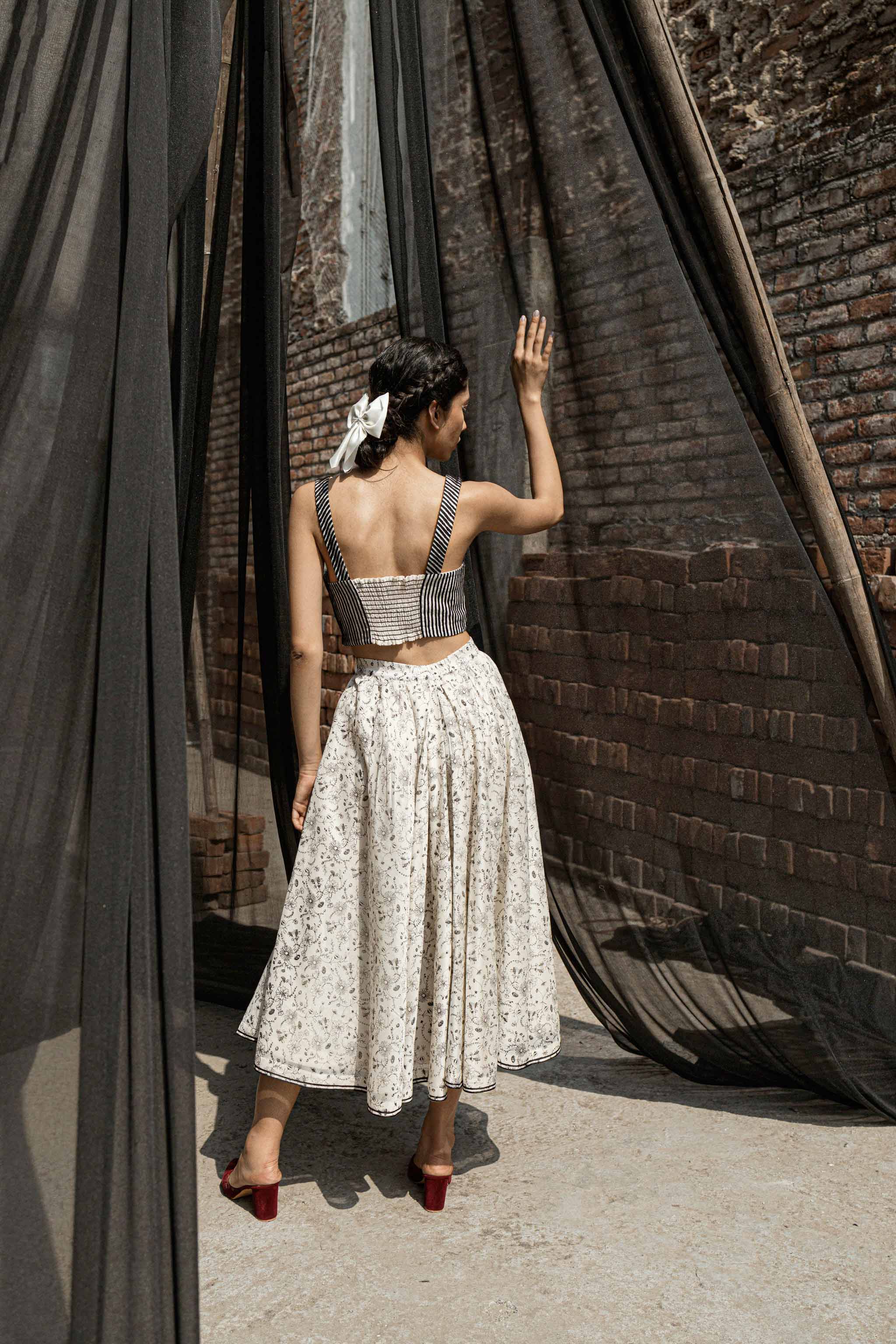 Ivory Chanderi Skirt at Kamakhyaa by Ahmev. This item is Best Selling, Casual Wear, Chanderi, Ink And Ivory, Midi Skirts, Natural, Prints, Relaxed Fit, Skirts, White, Womenswear