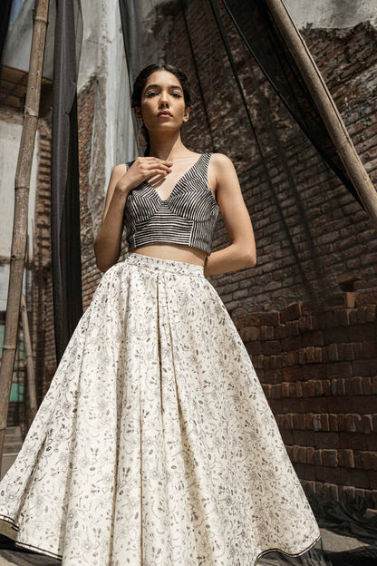 Ivory Chanderi Skirt at Kamakhyaa by Ahmev. This item is Best Selling, Casual Wear, Chanderi, Ink And Ivory, Midi Skirts, Natural, Prints, Relaxed Fit, Skirts, White, Womenswear