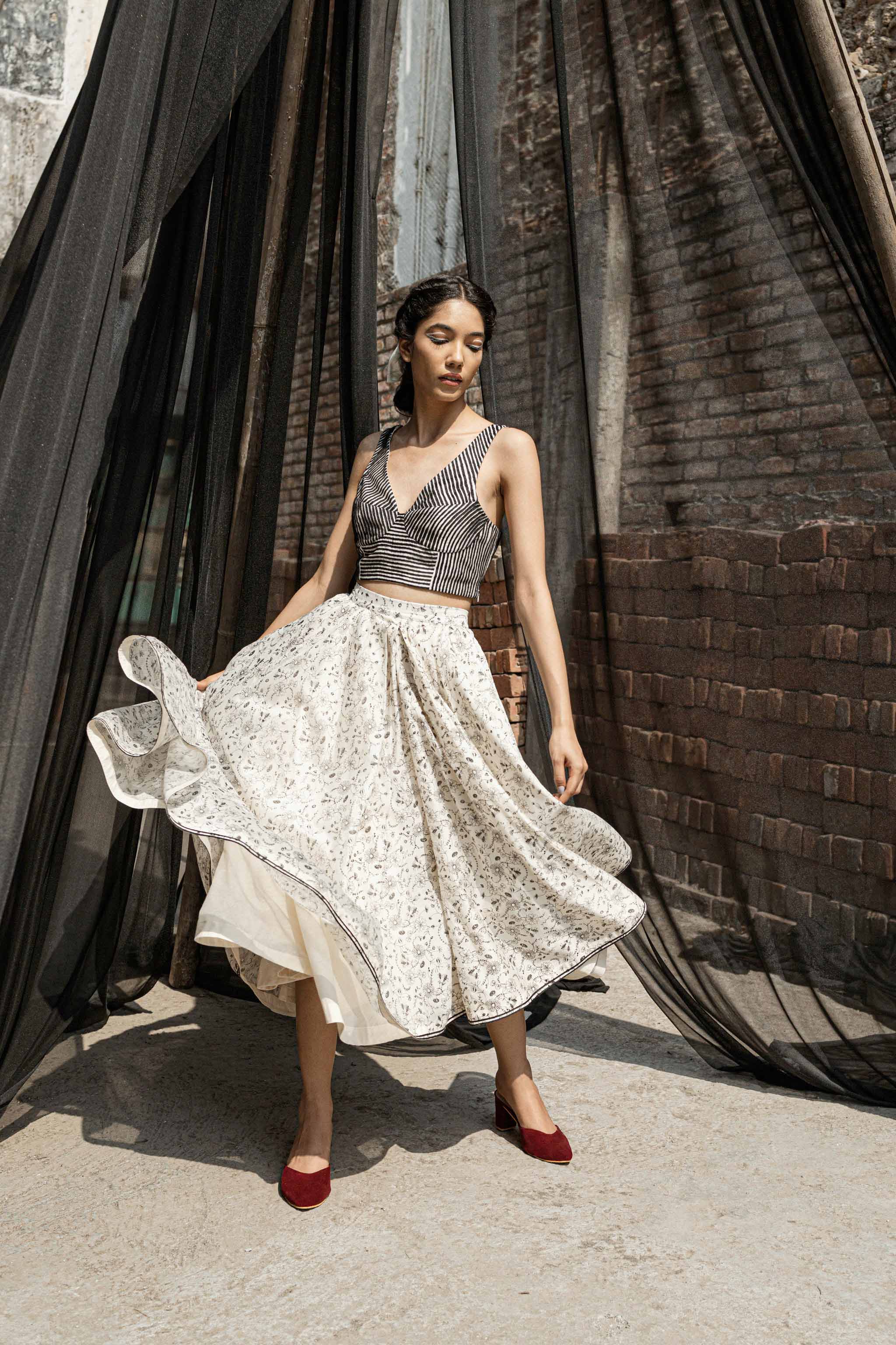 Ivory Chanderi Skirt at Kamakhyaa by Ahmev. This item is Best Selling, Casual Wear, Chanderi, Ink And Ivory, Midi Skirts, Natural, Prints, Relaxed Fit, Skirts, White, Womenswear