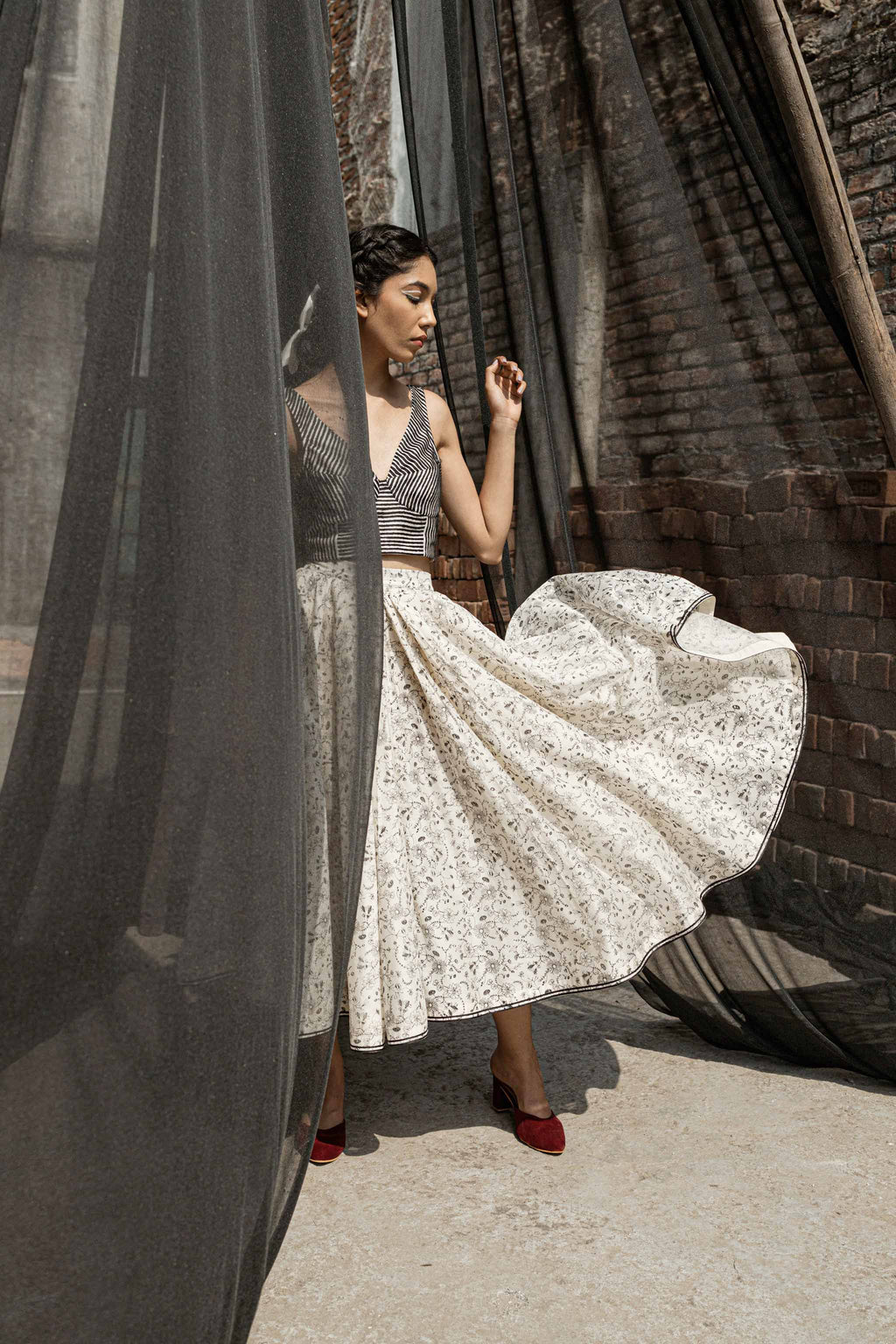 Ivory Chanderi Skirt at Kamakhyaa by Ahmev. This item is Best Selling, Casual Wear, Chanderi, Ink And Ivory, Midi Skirts, Natural, Prints, Relaxed Fit, Skirts, White, Womenswear