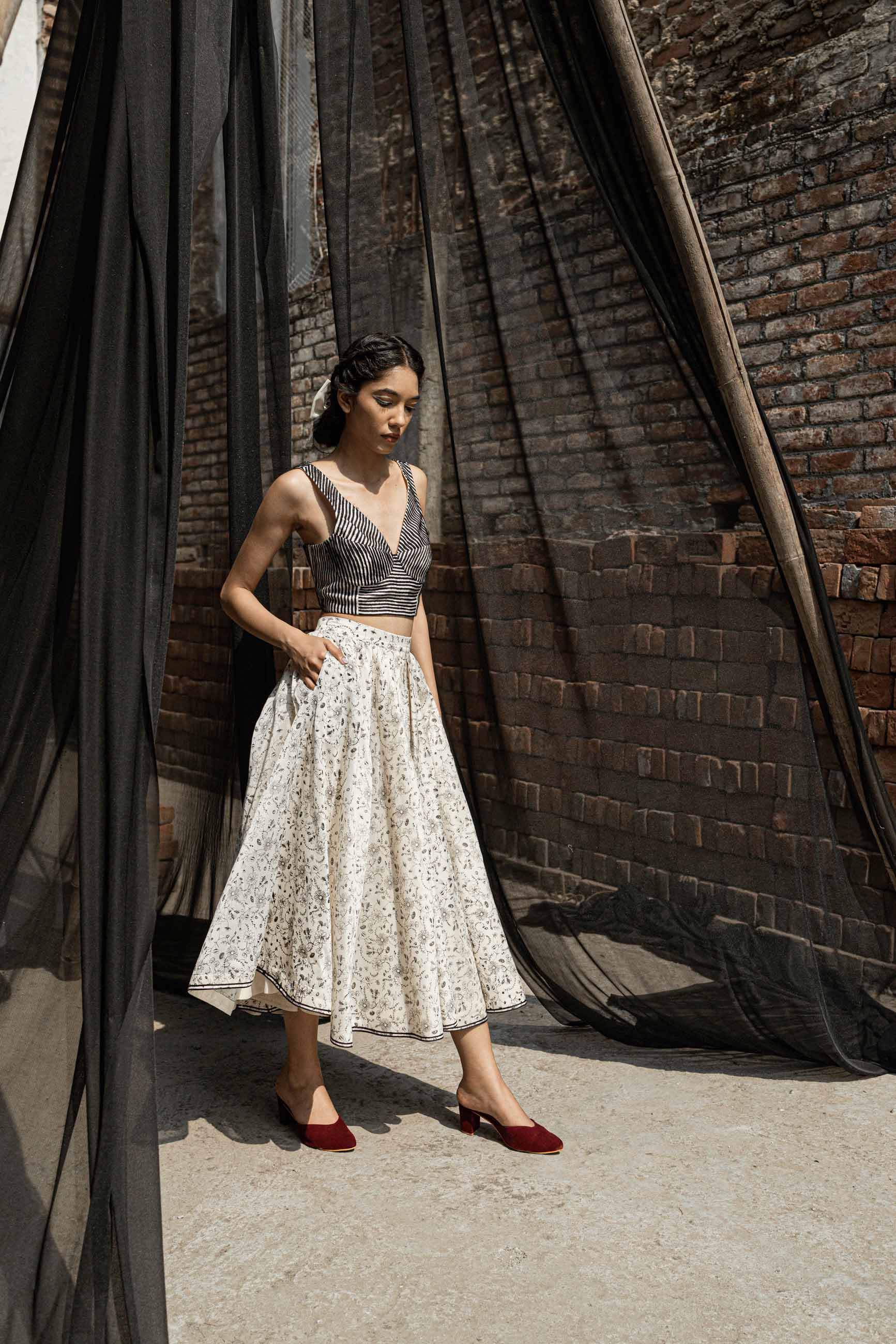 Ivory Chanderi Skirt at Kamakhyaa by Ahmev. This item is Best Selling, Casual Wear, Chanderi, Ink And Ivory, Midi Skirts, Natural, Prints, Relaxed Fit, Skirts, White, Womenswear