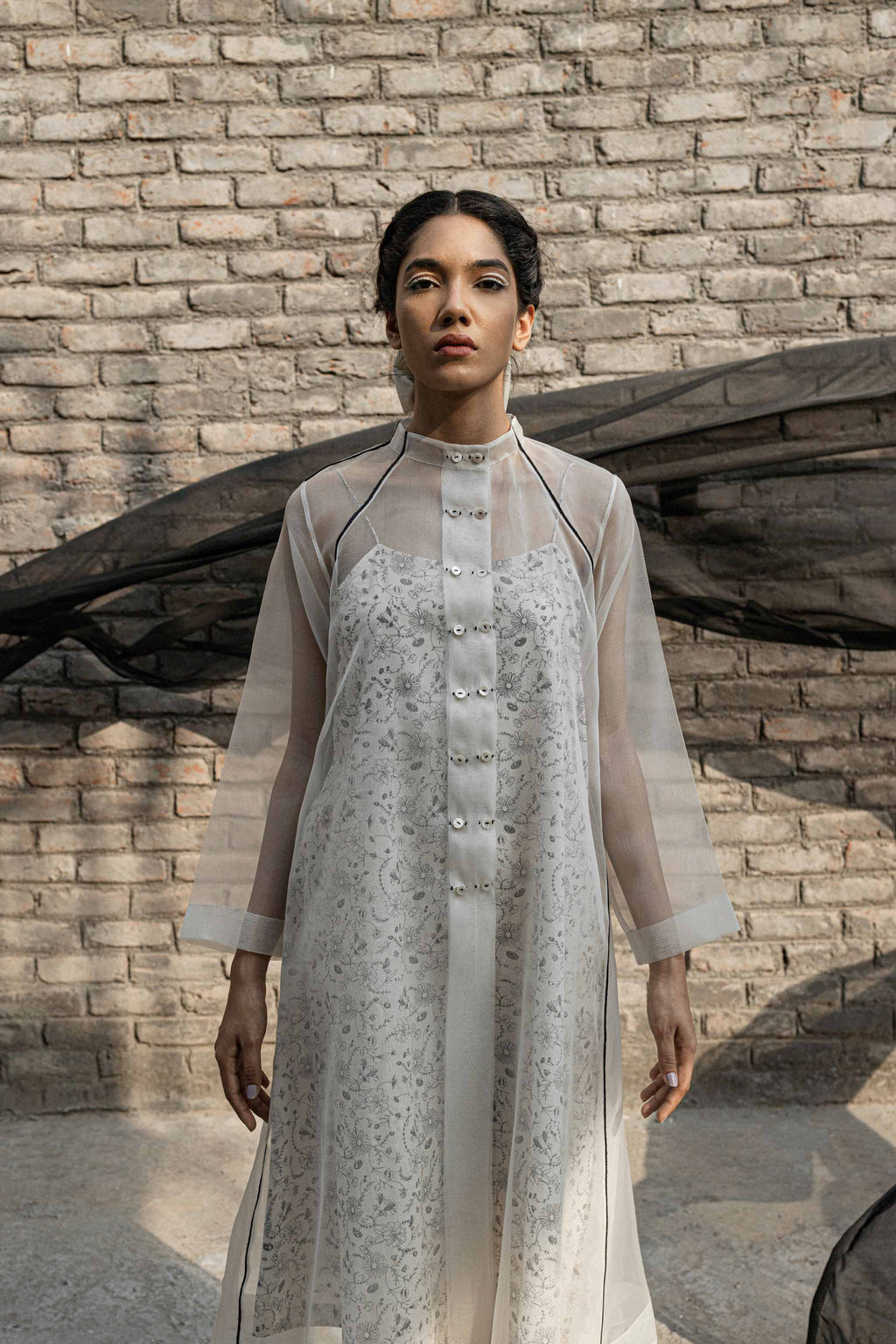 Ivory Organza Jacket And Slip Dress at Kamakhyaa by Ahmev. This item is Best Selling, Casual Wear, Ink And Ivory, Midi Dresses, Natural, Prints, Regular Fit, Silk Organza, White, Womenswear