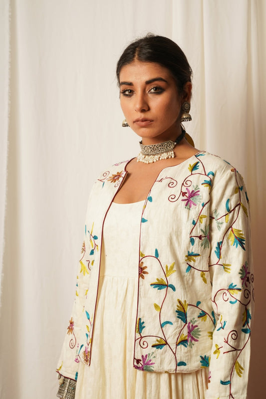Jacket at Kamakhyaa by Keva. This item is Best Selling, Cotton, Cotton Lurex, Embroidered, Jackets, Natural, Relaxed Fit, Resort Wear, Tatriz, White, Womenswear