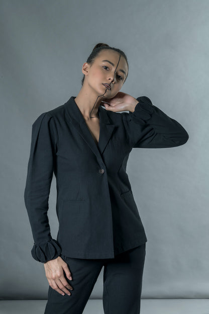 Jacket with origami at Kamakhyaa by Anushé Pirani. This item is Black, Blazers, Handwoven Jute Cotton, July Sale, July Sale 2023, Natural, Office Wear, Regular Fit, sale anushe pirani, Solids, The Line Tales, Womenswear