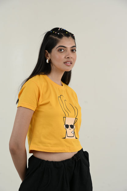 Johny Bravo 100% Cotton Crop Yellow T-shirt at Kamakhyaa by Unfussy. This item is 100% cotton, Casual Wear, Crop Tops, Organic, Oversized Fit, Printed, T-Shirts, Unfussy, Unisex, Womenswear, Yellow